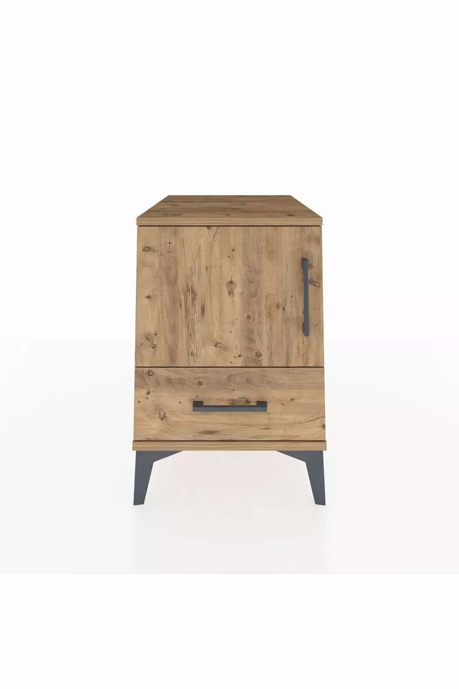 Table de chevet Kronos avec 2 étagères, 1 tiroir et 1 porte, pin-pin