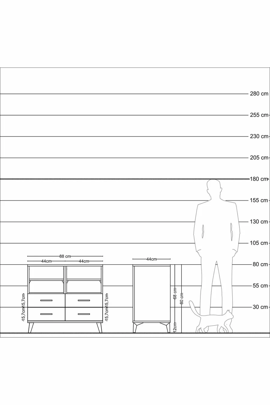 Commode Hyperion 4 étagères 4 tiroirs Pin-Pin/Marbre blanc