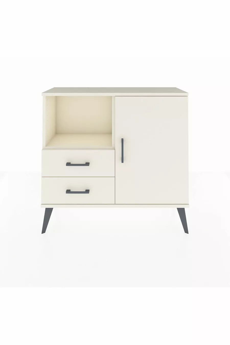 Commode Arges avec 2 étagères, 2 tiroirs et une porte, couleur Oeil-de-pierre