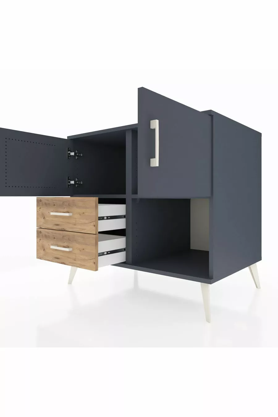 Commode Kronos 2 étagères 2 tiroirs 2 portes Anthracite-Anthracite/Sapin