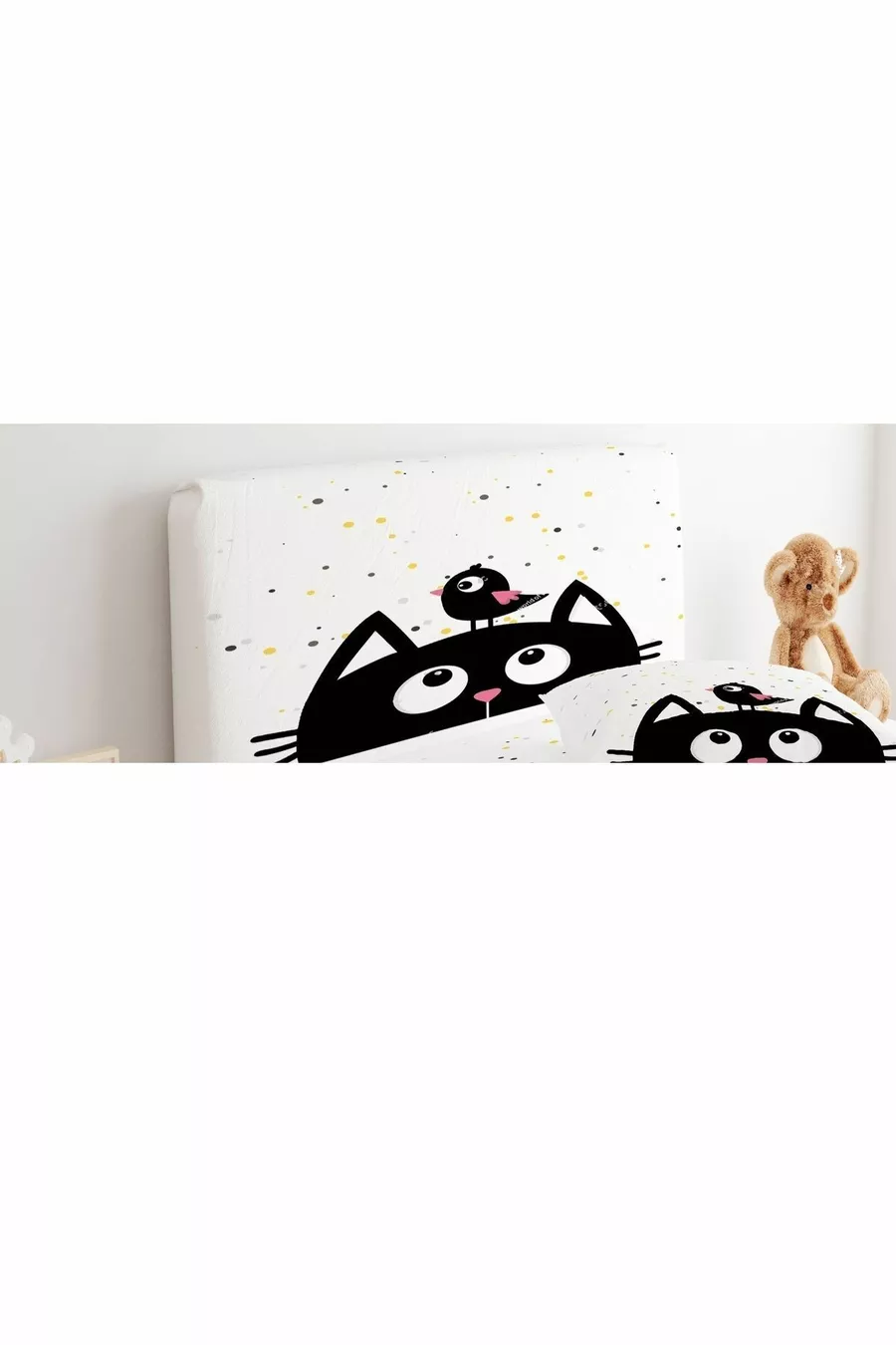 Housse de tête de lit à pois avec fond et chat noir