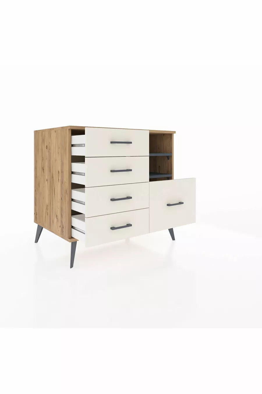 Commode Kronos 2 étagères 5 tiroirs Pin-Anthracite / Pierre de Lune