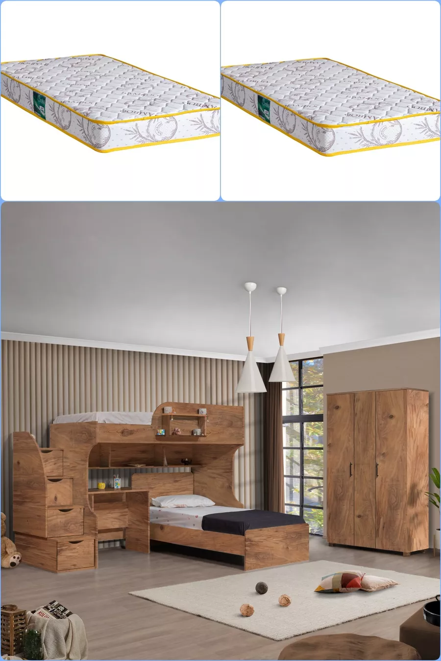 Lits superposés, lits superposés Aura avec lit, armoire à 3 portes + 2 matelas Comfort