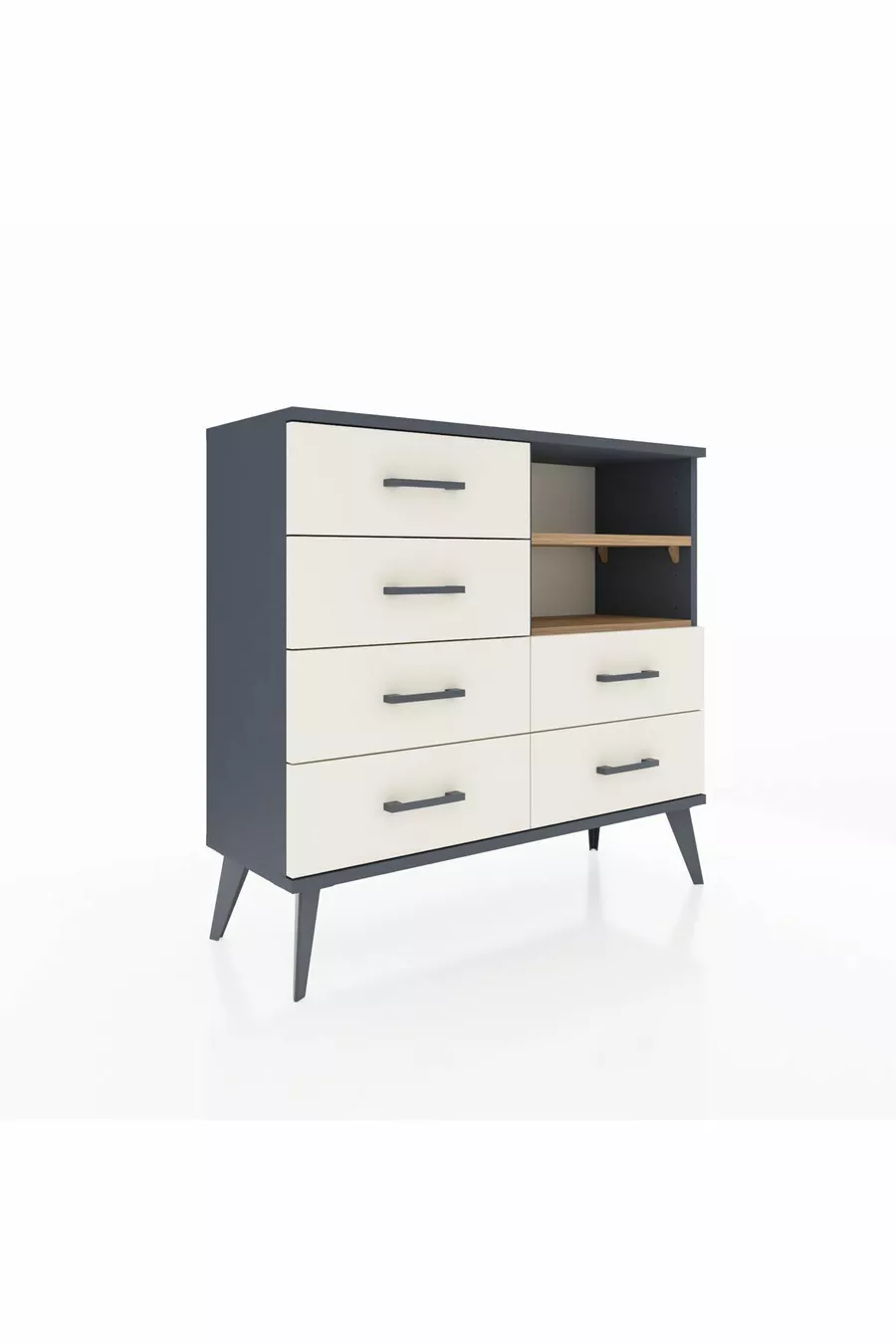 Commode Arges 2 étagères 6 tiroirs Anthracite-Pin/Pierre de Lune