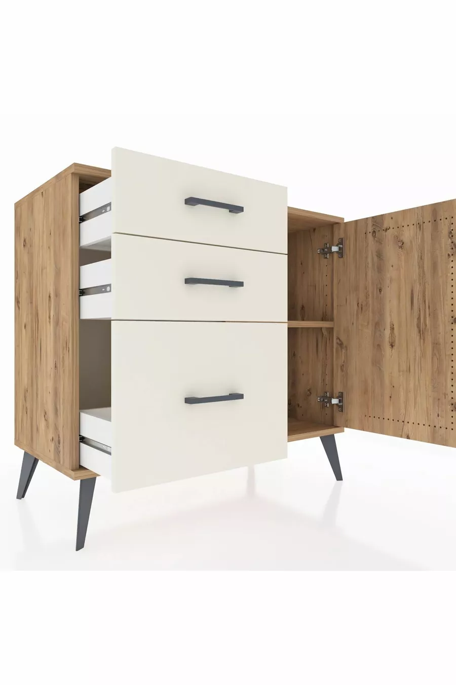 Commode Hyperion avec une étagère, 3 tiroirs et une porte, pin-pin / pierre de lune