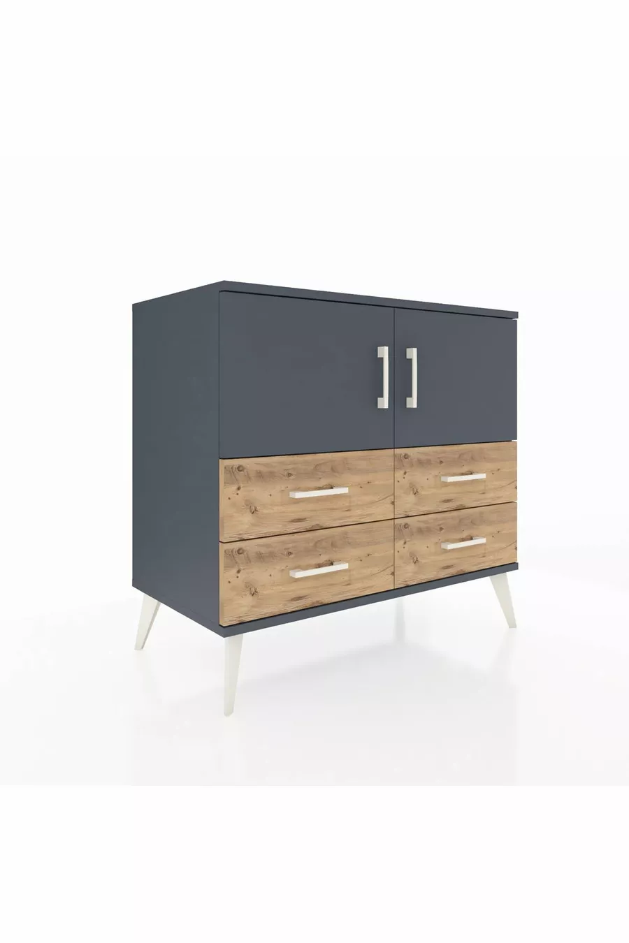 Commode Hyperion 2 étagères 4 tiroirs 2 portes Anthracite-Anthracite/Pin