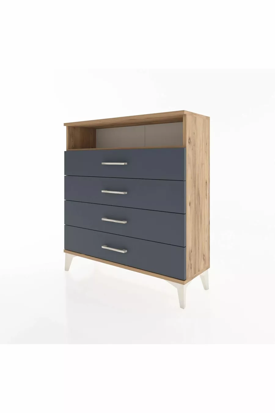 Commode Arges à un seul étagère et 4 tiroirs en pin-anthracite