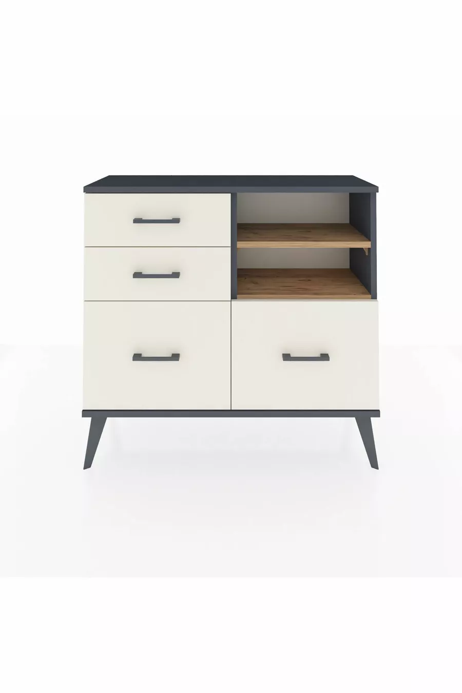 Commode Arges 2 étagères 4 tiroirs Anthracite-Pin/Pierre de Lune