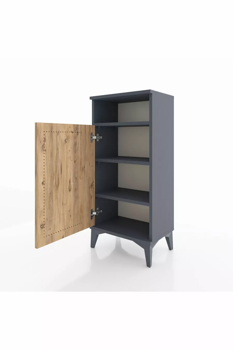 Table de chevet Arges à 3 étagères avec une porte, Anthracite-Pin