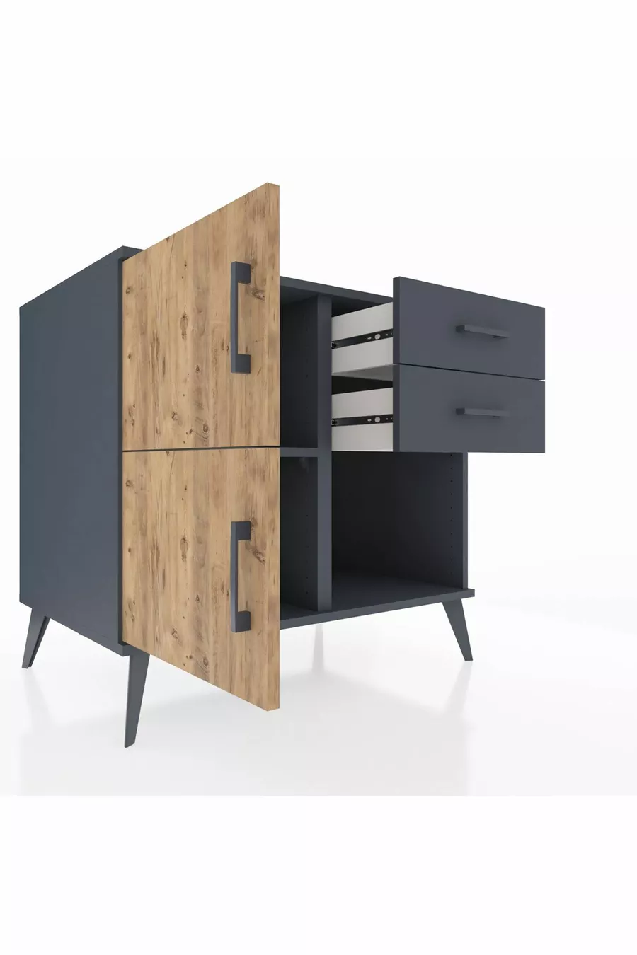 Commode Kronos à une étagère, 2 tiroirs, 2 portes, Anthracite-Pin/Anthracite