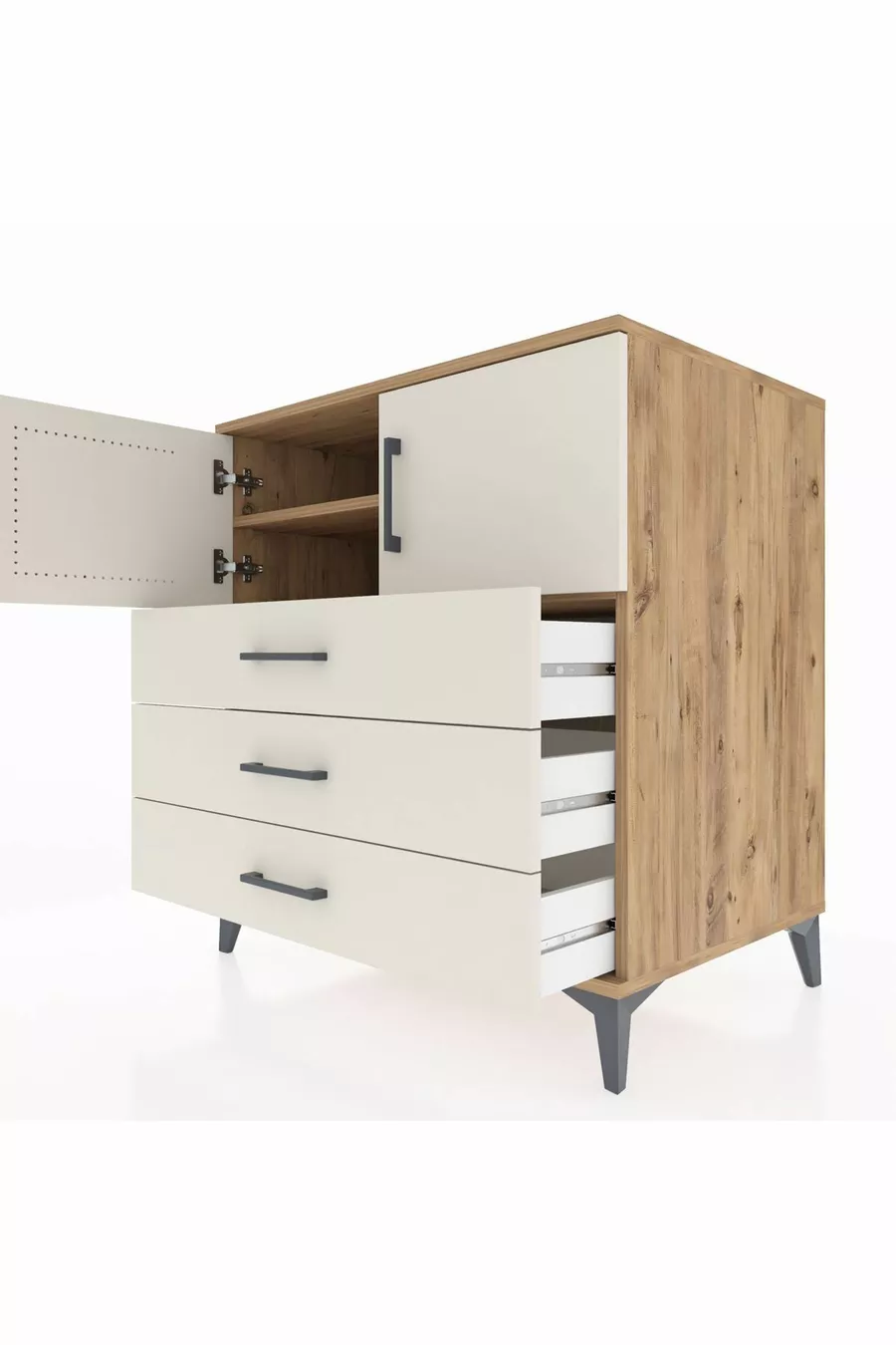 Commode Kronos avec 2 étagères, 3 tiroirs et 2 portes, en pin et pierre de lune