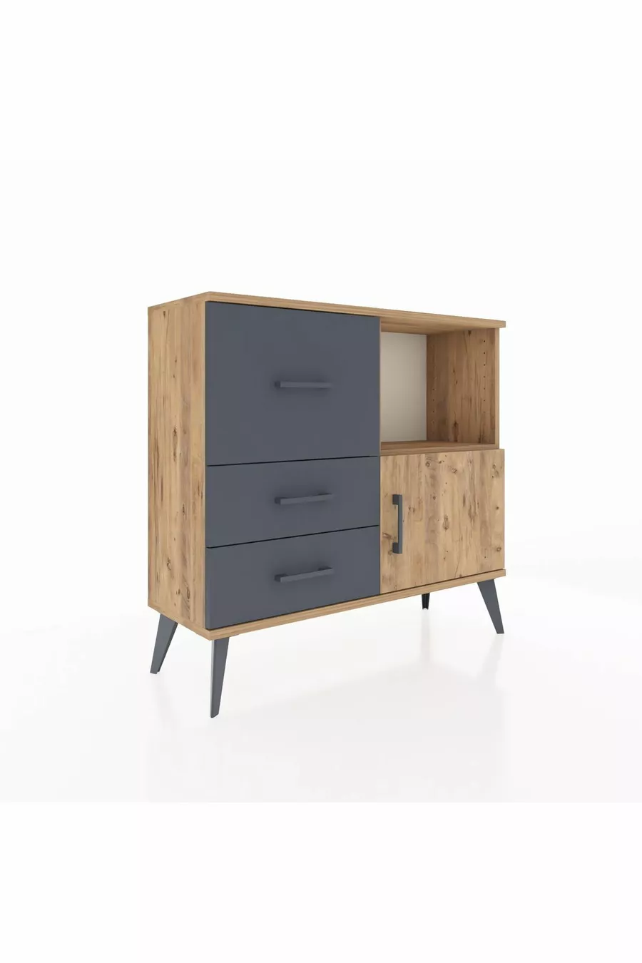 Commode Arges avec une seule étagère, 3 tiroirs et une porte, Pin-Pin/Anthracite