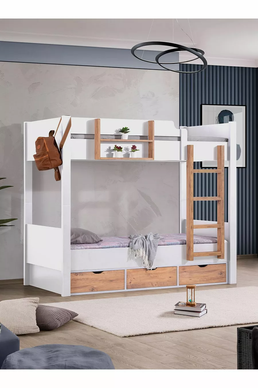 Lit superposé Ranza Asya avec tiroirs amovibles, 2 matelas Comfort