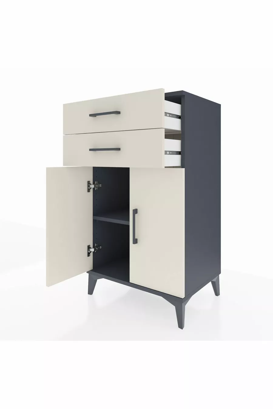 Commode Hyperion à une étagère, 2 tiroirs et 2 portes, Anthracite-Pierre de Lune