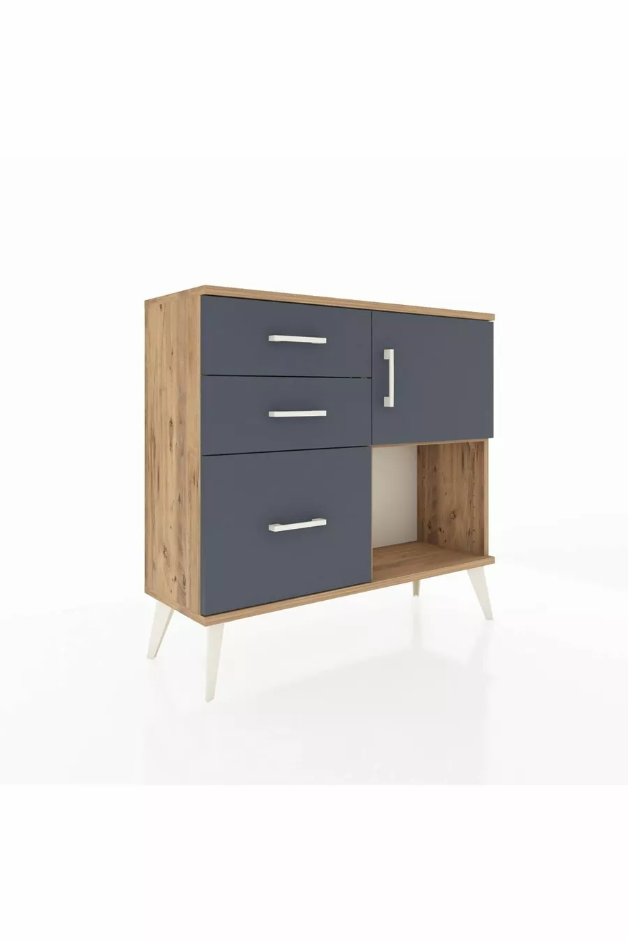 Commode Arges à une étagère, 3 tiroirs et une porte, pin-anthracite
