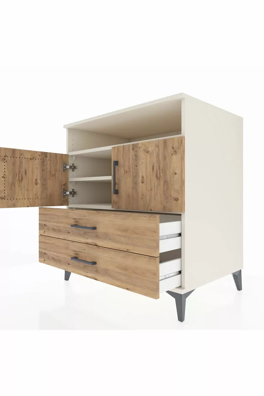 Commode Kronos avec 3 étagères, 2 tiroirs et 2 portes, Pierre de lune-Pin
