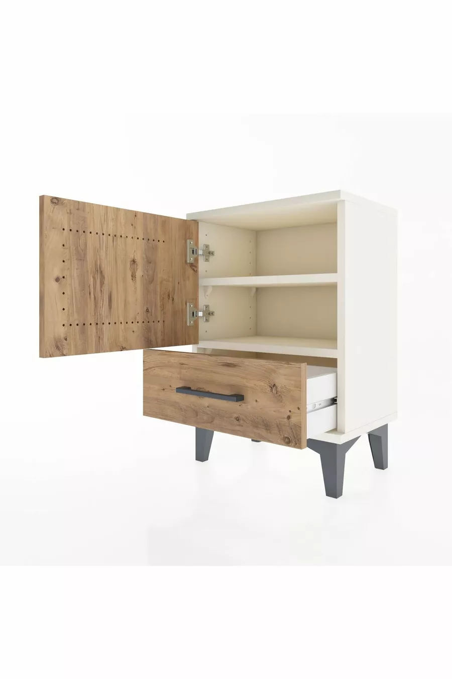 Table de chevet Arges à 2 étagères et 1 porte, en Pierre de lune et pin
