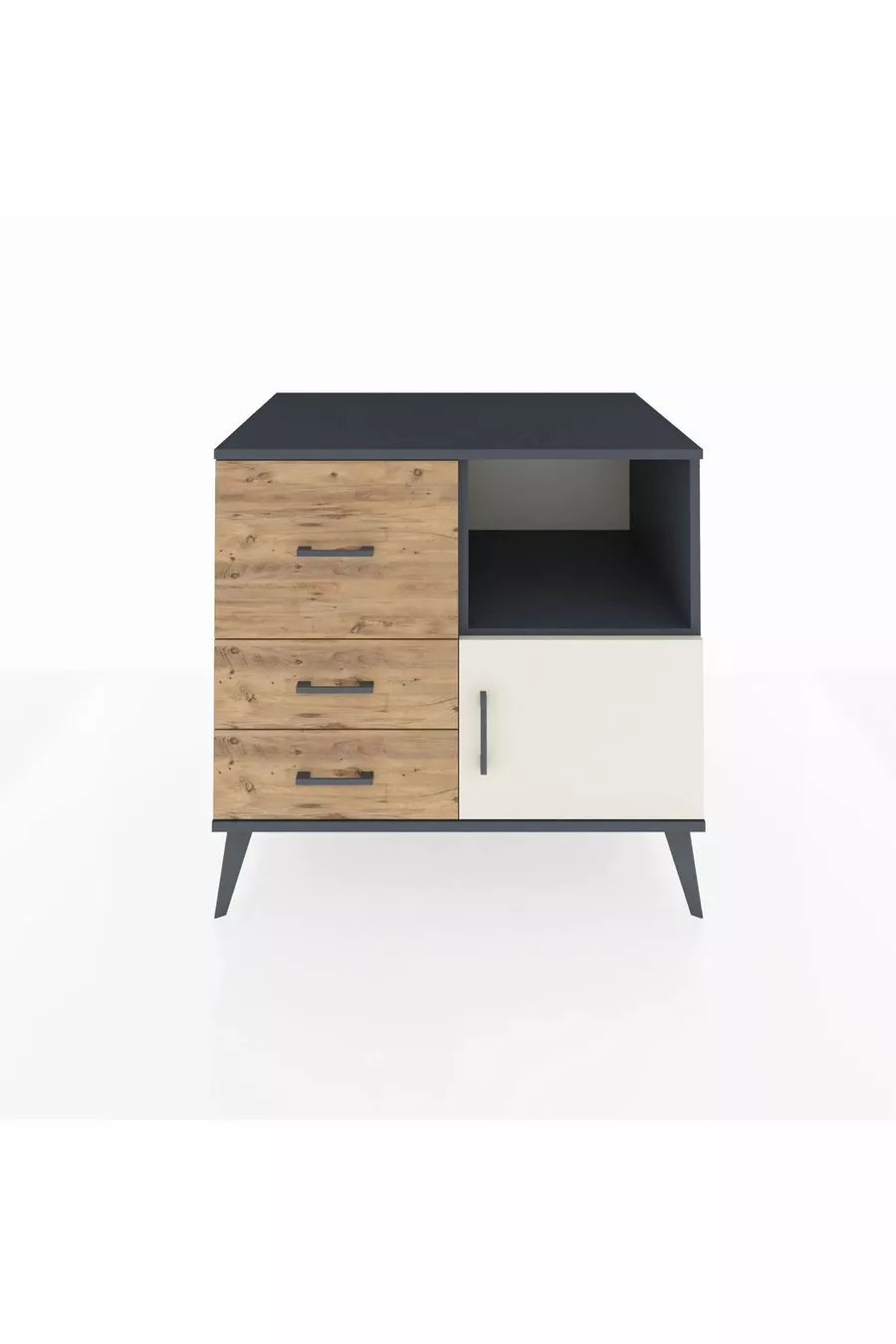 Commode Kronos à une étagère, 3 tiroirs et une porte, Anthracite-Pierre de lune/Pin