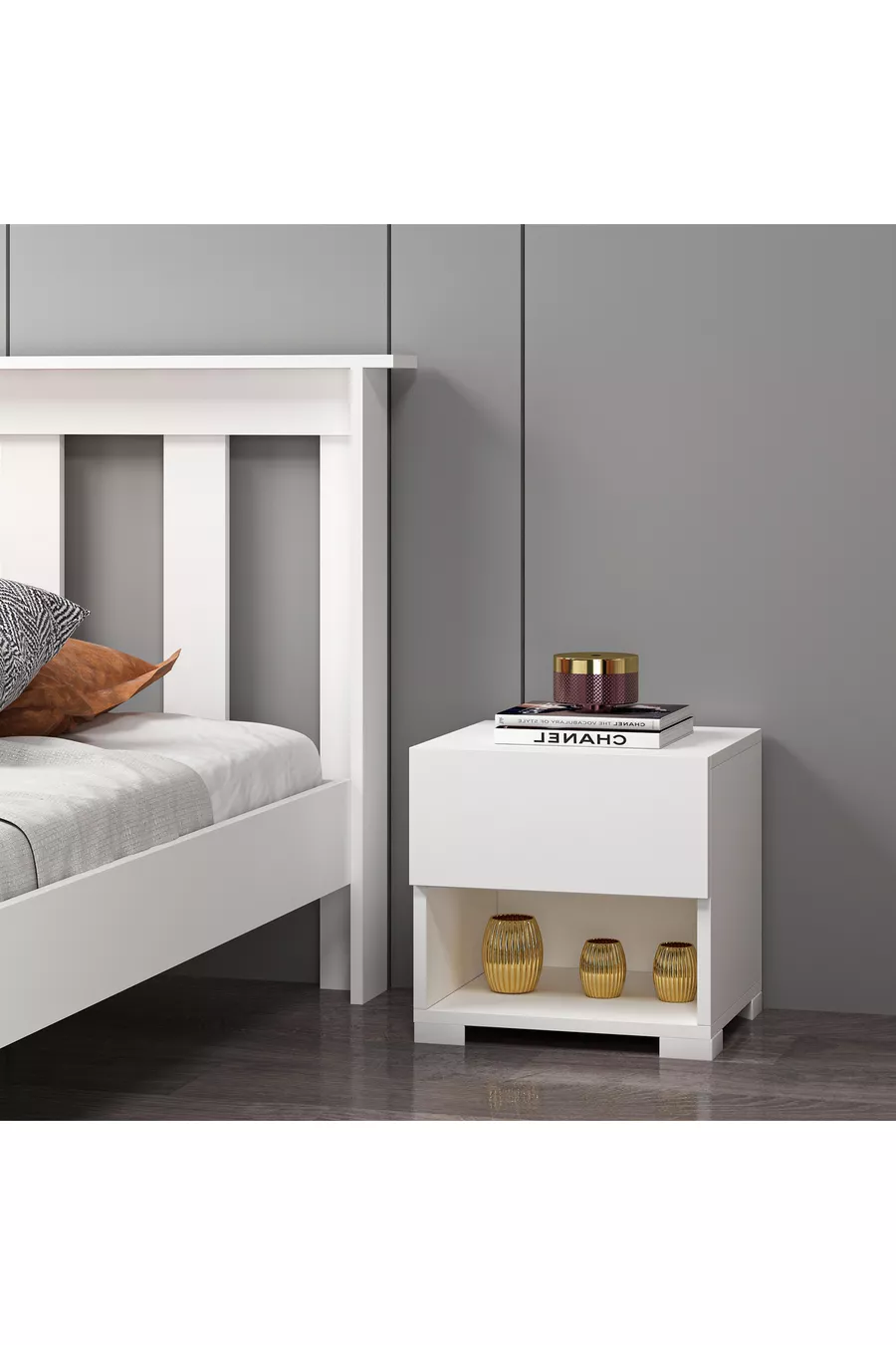 Table de chevet blanche en MDF sans rail