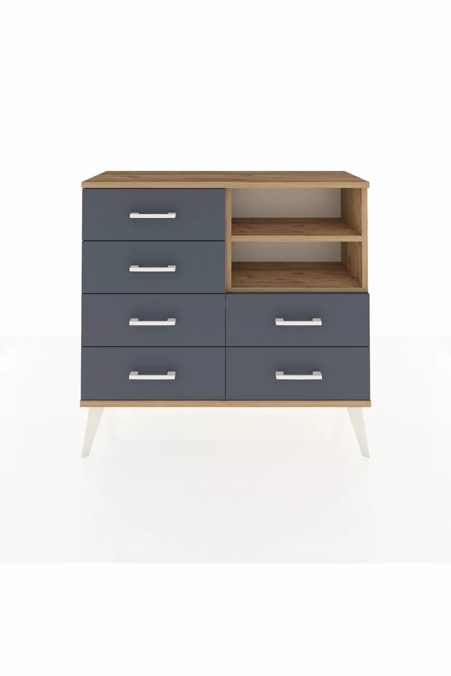 Commode Arges 2 étagères 6 tiroirs Pin-Pin/Anthracite