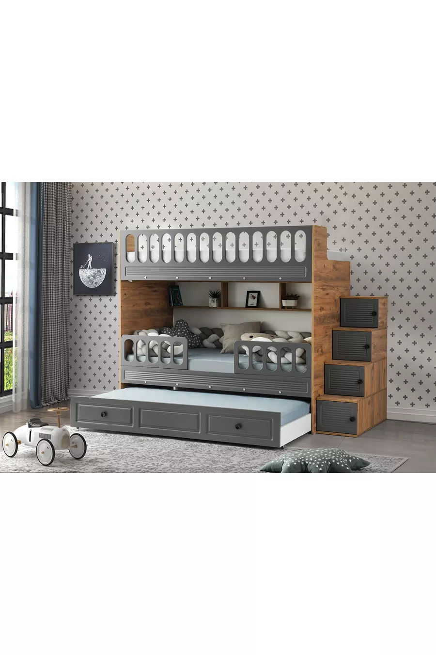 Lit superposé avec volet / Installation gratuite / 100% MDF / 2 matelas à ressorts en bambou / 2 ensembles de linge de lit offerts