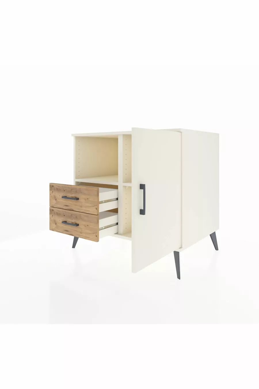 Commode Kronos avec 2 étagères, 2 tiroirs et 1 porte, Pierre de lune/Pierre de lune/Pin