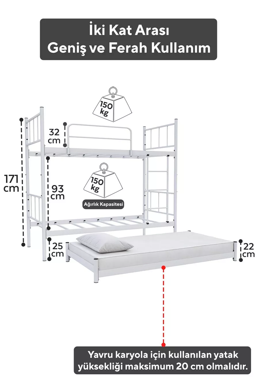 Lit superposé Tekno avec tiroirs, compatible pour 3 personnes, métal blanc