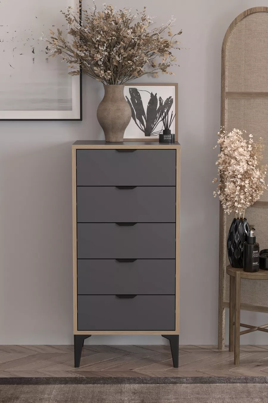 Commode Arden 5 tiroirs, panier à linge