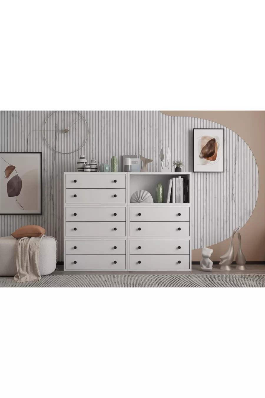 Commode blanche à dix tiroirs avec étagère, sans lattes