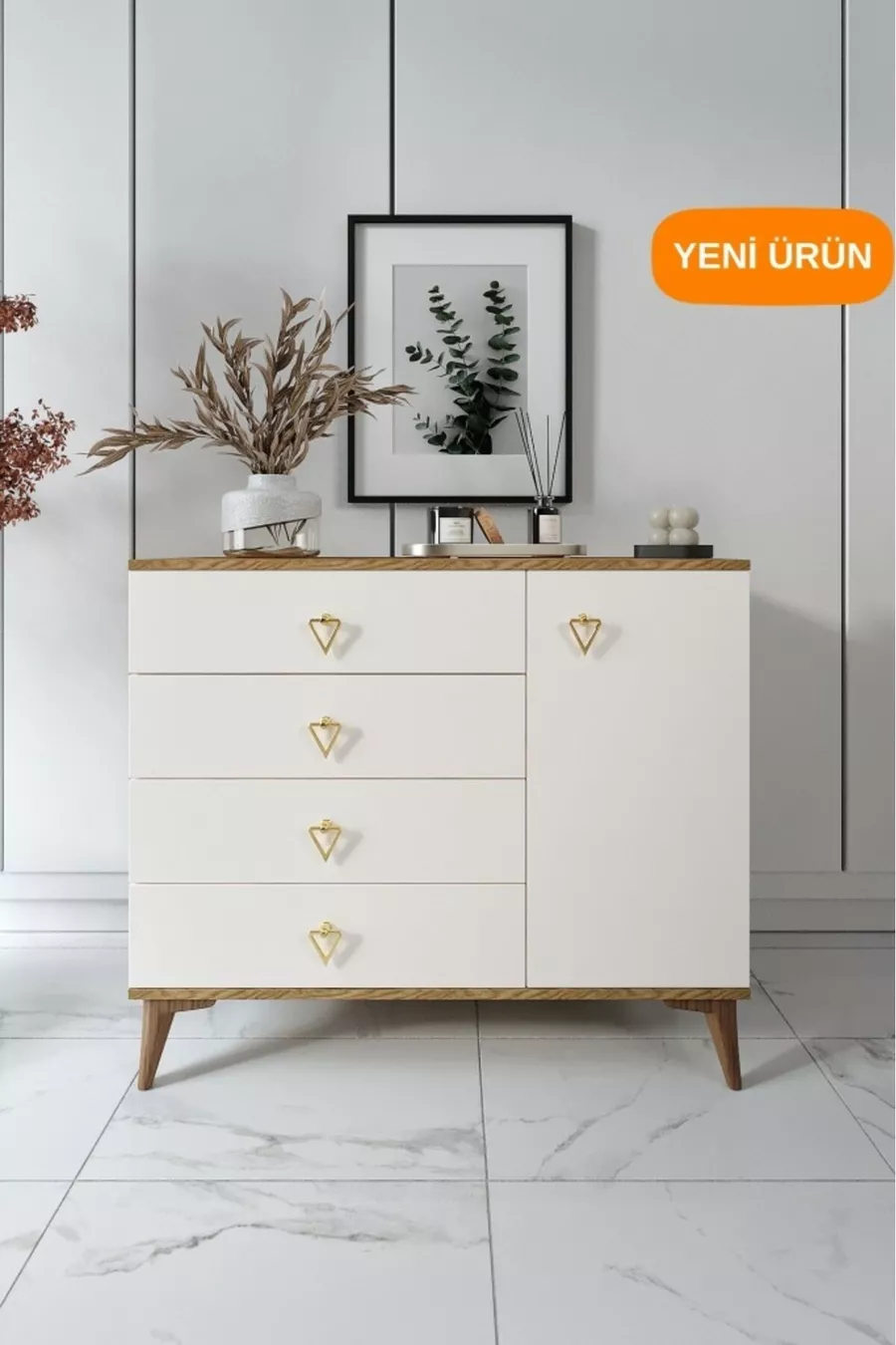 Commode moderne simple à 4 tiroirs et 1 porte, couleur écru et noyer