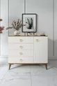 Commode moderne simple à 4 tiroirs et 1 porte, couleur écru et noyer