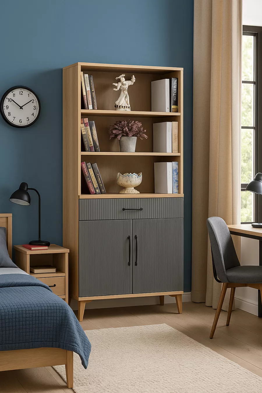 Commode et bibliothèque Ege avec portes | Corps en MDF | Pieds en bois | Moderne et fonctionnel