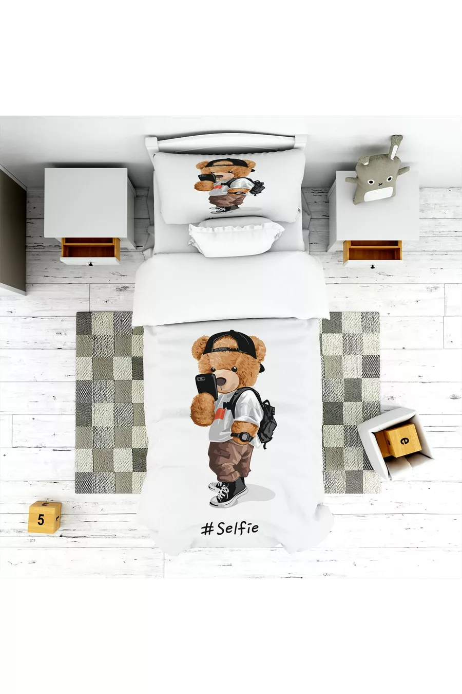 Ensemble pour chambre d'enfant avec ours imprimé numérique (rideau, couvre-lit et oreiller, tapis)