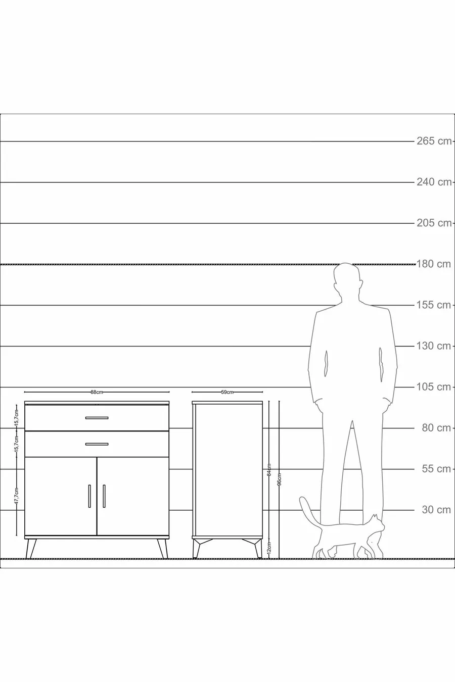 Commode Kronos avec une étagère, 2 tiroirs et 2 portes, anthracite-pierre de lune