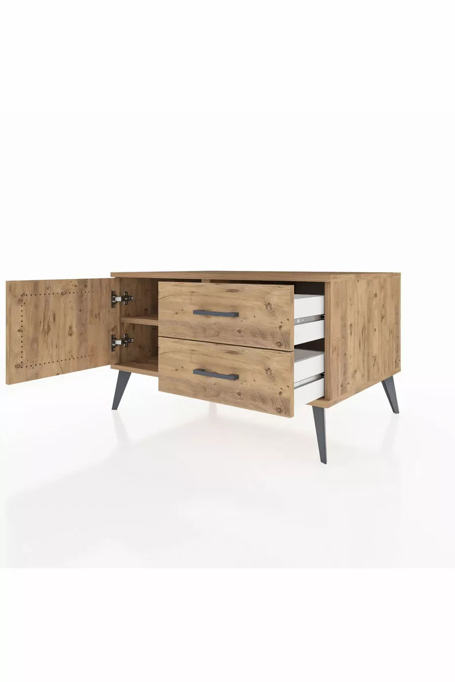 Commode Kronos avec une étagère, 2 tiroirs et une porte, pin sur pin
