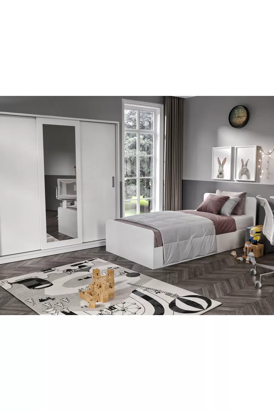Chambre d'enfant Anemon en MDF pour une personne, 3 pièces - Armoire, bureau, lit en MDF de qualité supérieure