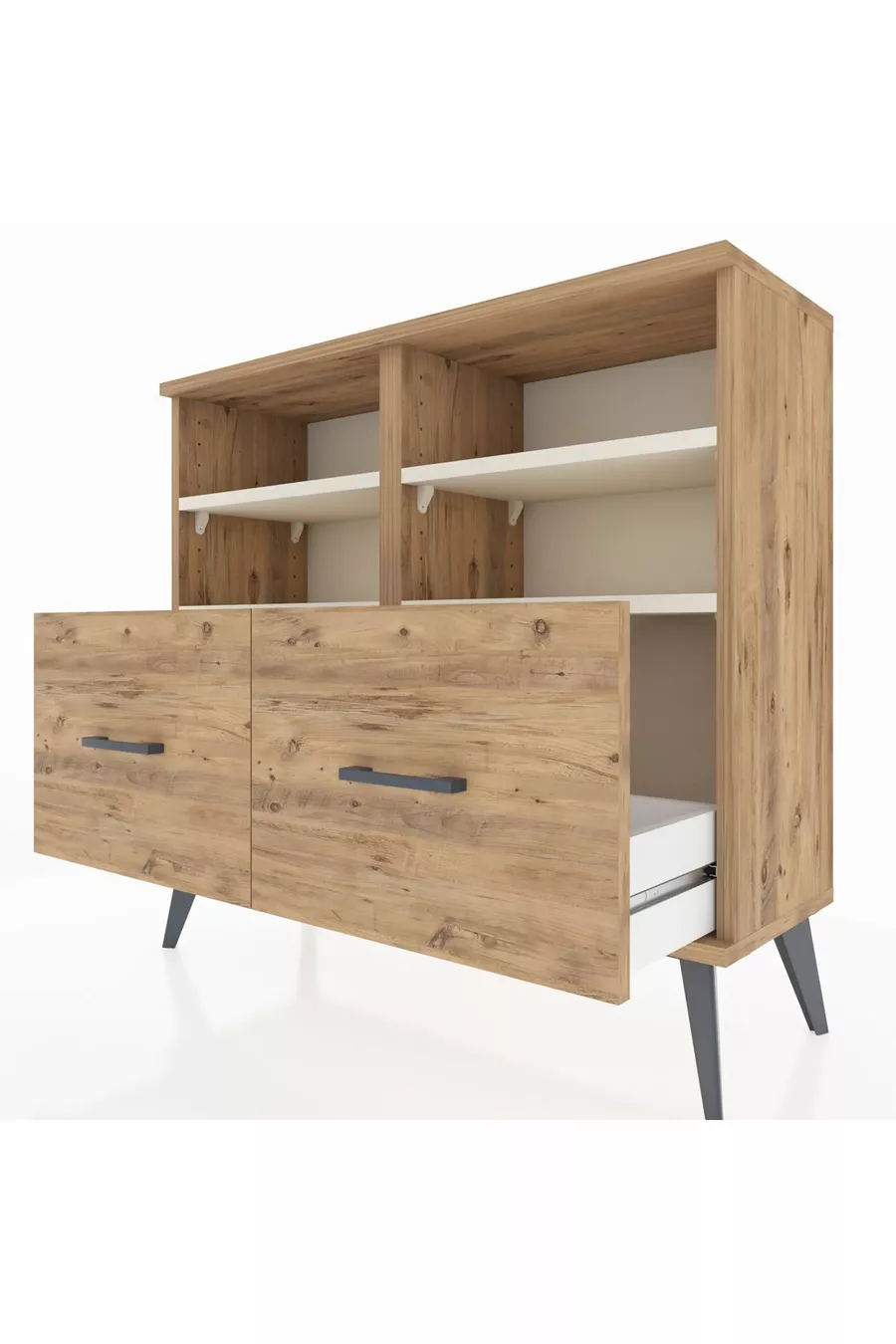 Commode Arges 4 étagères 2 tiroirs Pin-Pierre de Lune/Pin