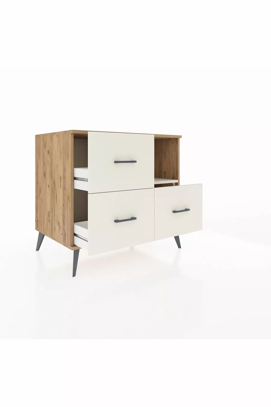 Commode Kronos à une étagère et 3 tiroirs en pin et pierre de lave