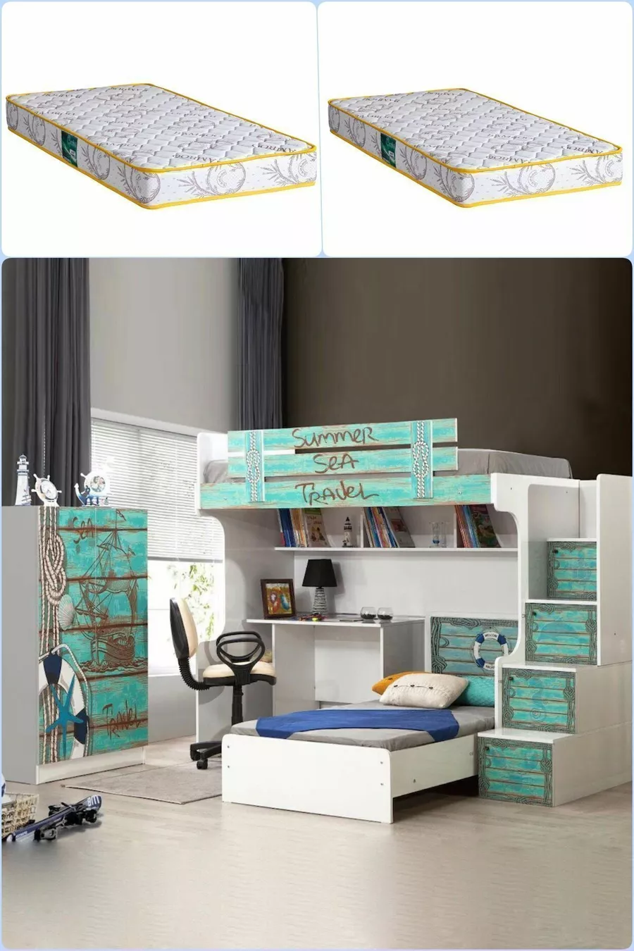 Lit superposé, Lit superposé d'été avec bureau et armoire, 2 matelas confort