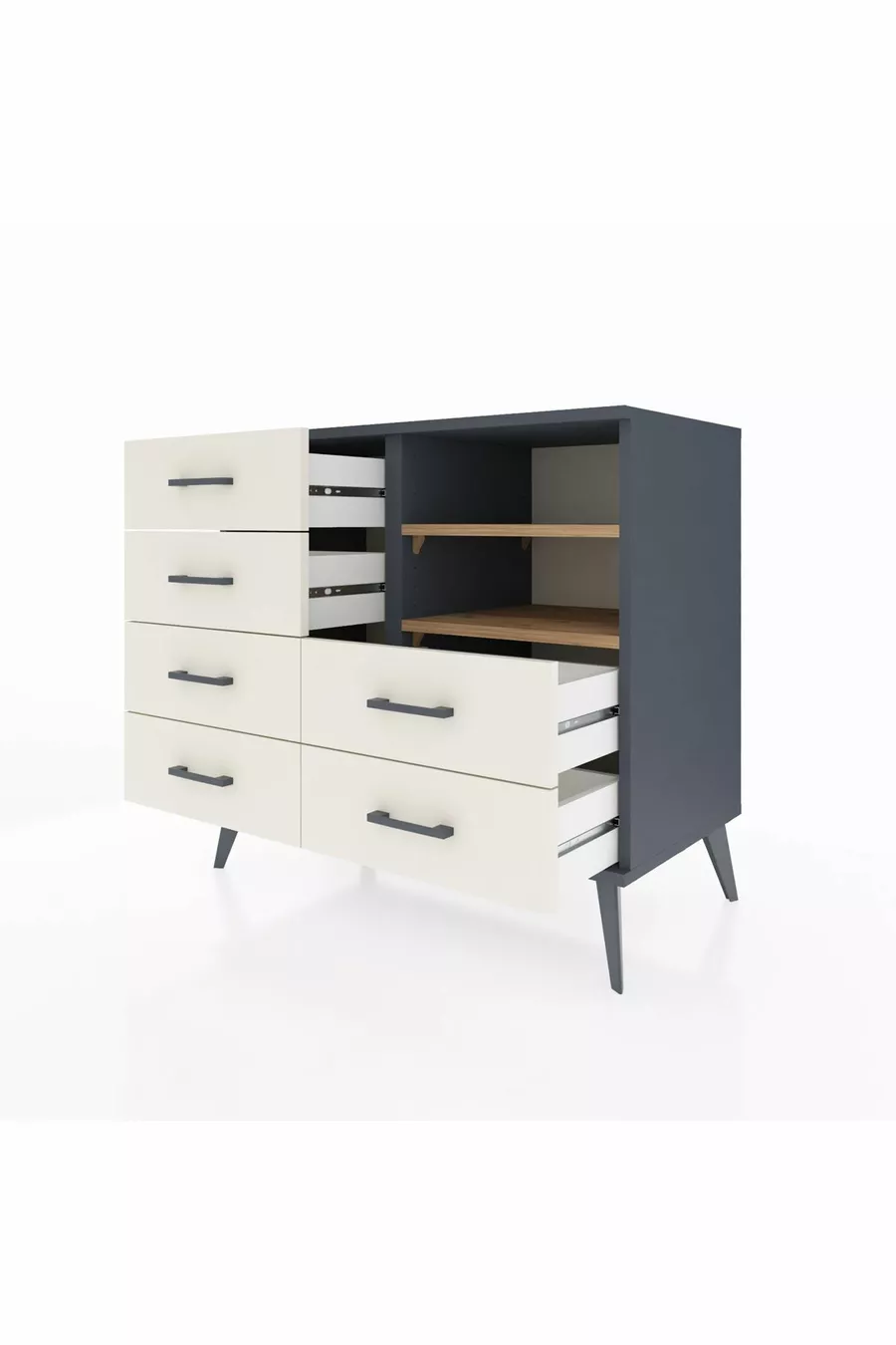 Commode Hyperion 2 étagères 6 tiroirs Anthracite-Pin/Pierre de Lune