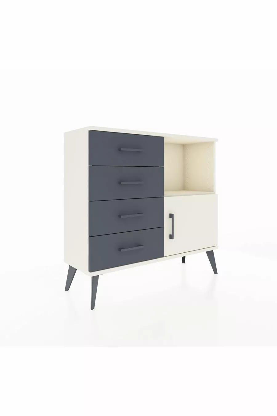 Commode Arges à une étagère, 4 tiroirs et une porte, couleur Pierre Lune/Anthracite