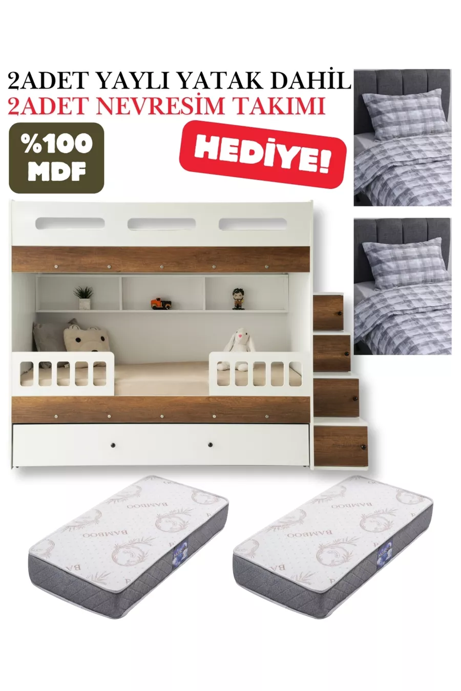 Lit superposé Berlin / MDF à 100 % / 2 matelas à ressorts en bambou / 2 ensembles de linge de lit offerts