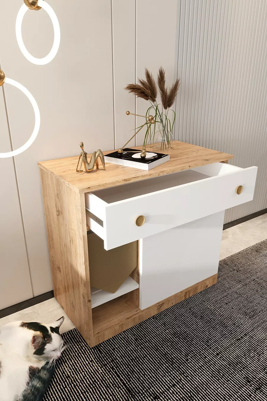 Litière pour chat en bois MONA avec tiroir - couvercle verrouillable - tissu d'entrée inclus - bac à litière non inclus - A.ÇAM-BYZ