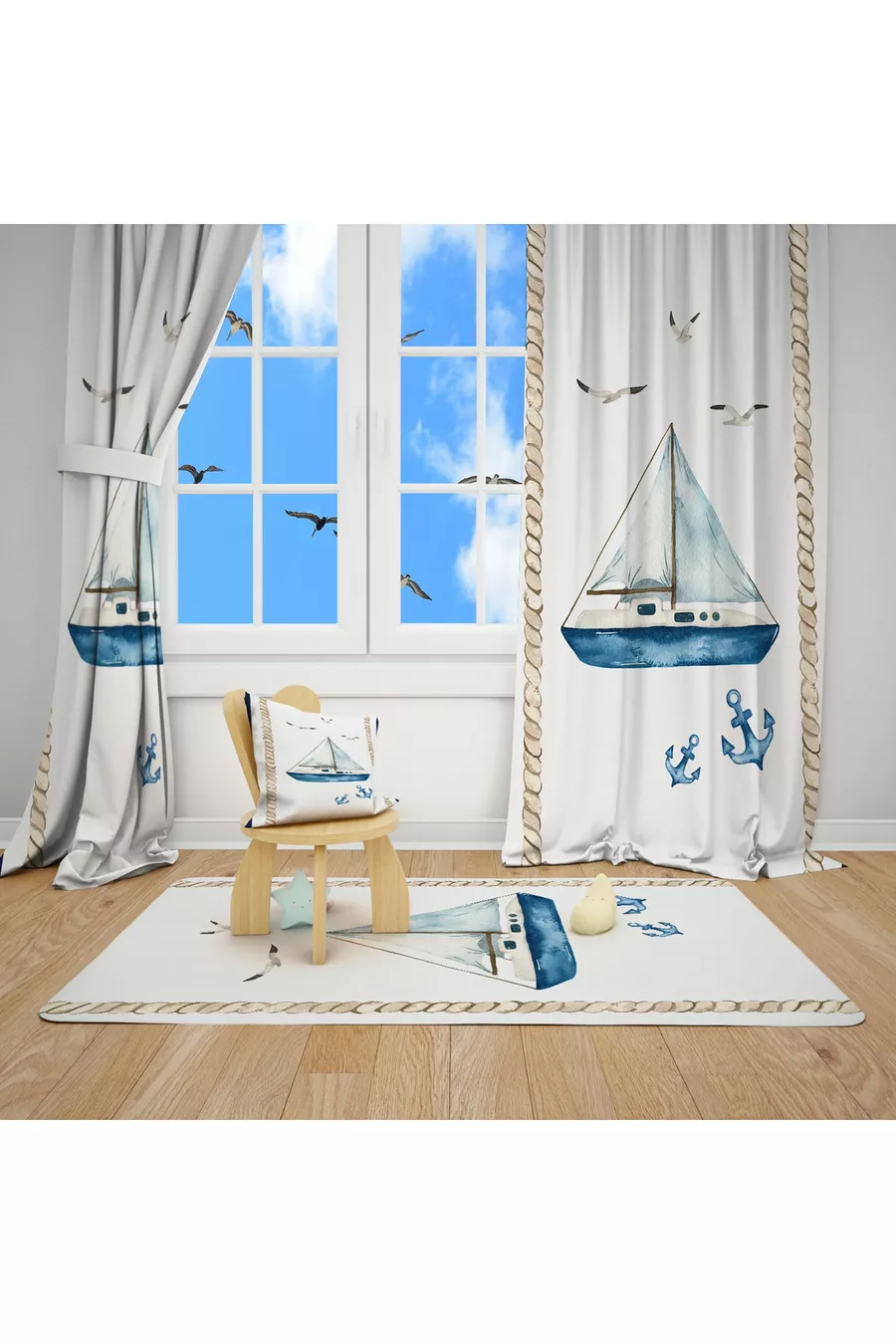 Ensemble de Chambre d'Enfant Marin (Rideau de Fond - Couverture et Oreiller - Tapis)