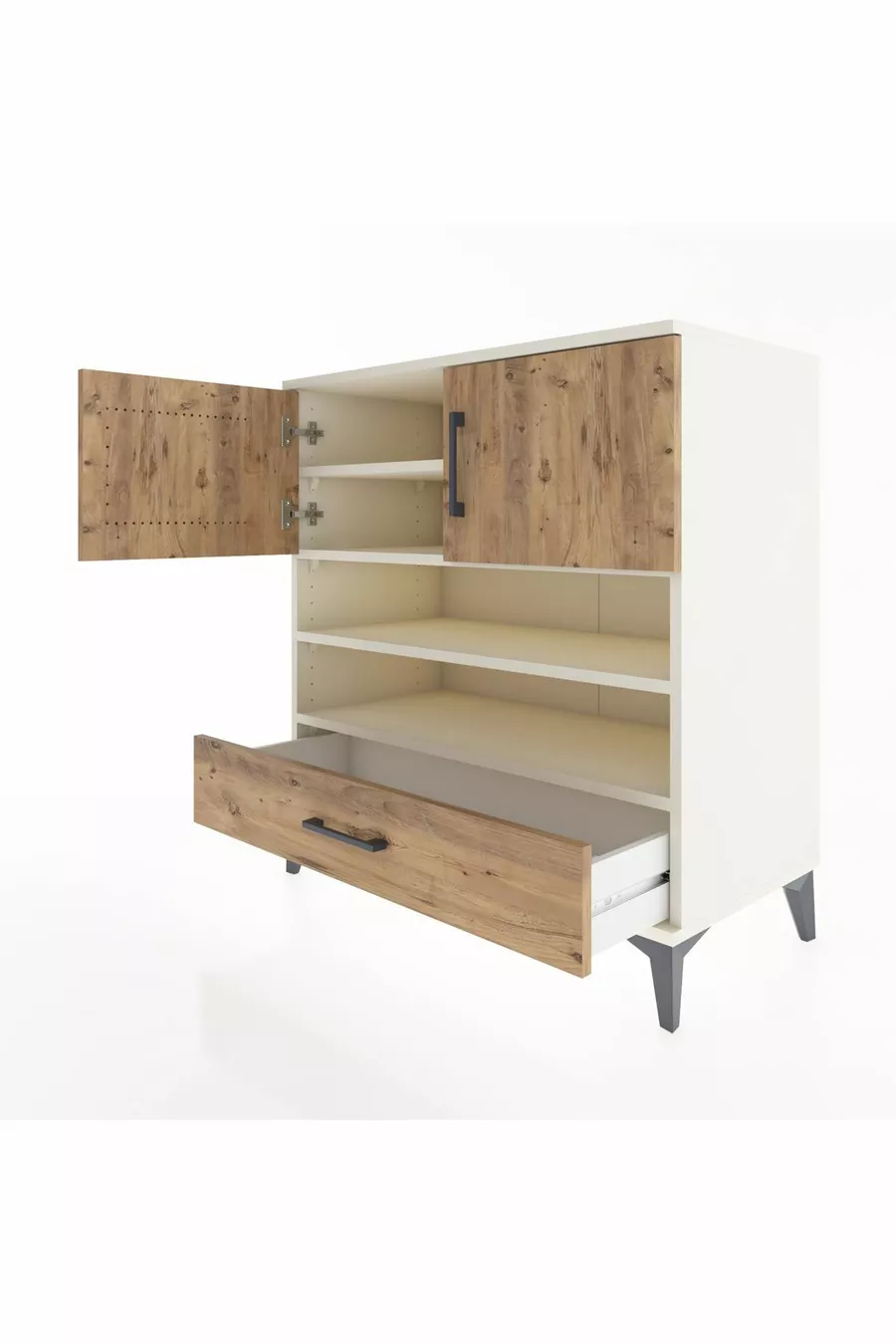 Commode Hyperion 4 étagères 1 tiroir 2 portes Pierre de lune-Épicéa