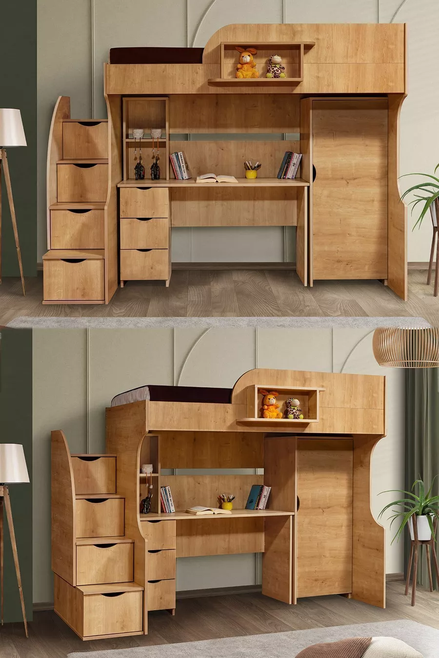 Lit superposé, litera avec armoire et bureau, noyer clair, 1 matelas Comfort