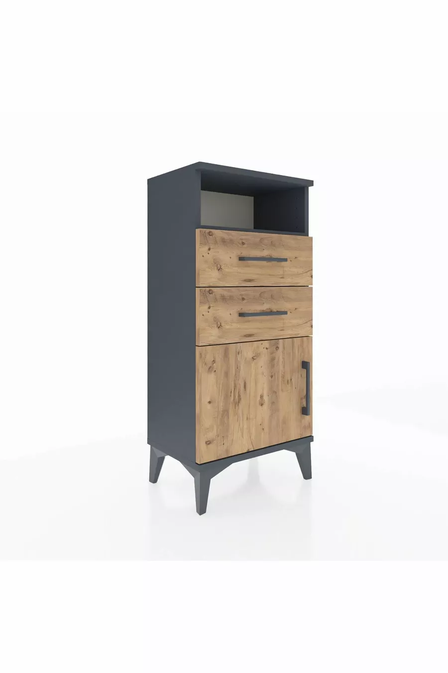 Table de chevet Arges avec une étagère, 2 tiroirs et une porte, Anthracite-Pin