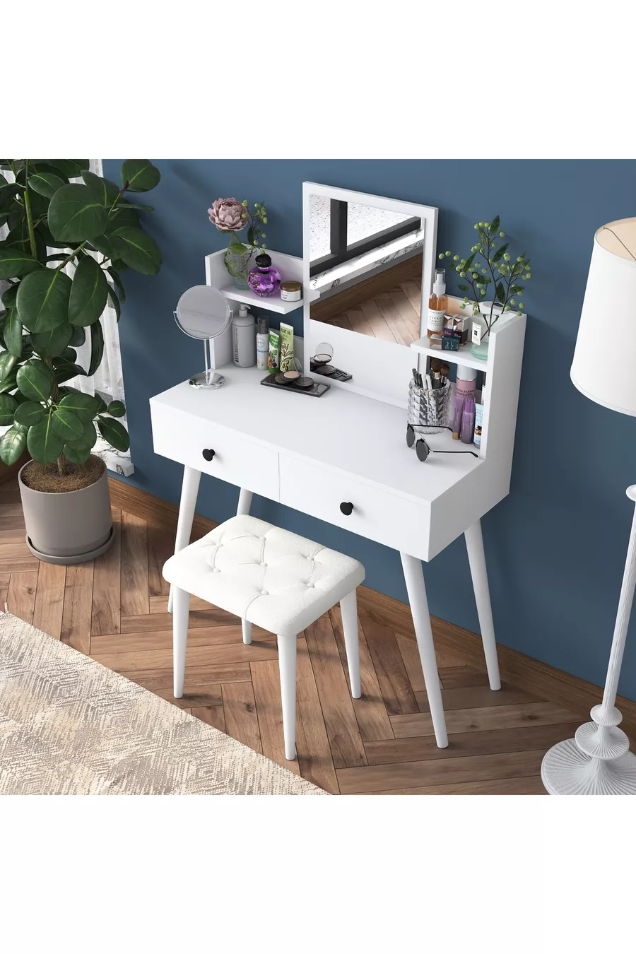 Rani Coiffeuse avec Miroir, 2 Tiroirs et Étagère, Organisateur de Bijoux avec Pouf, Ensemble Blanc
