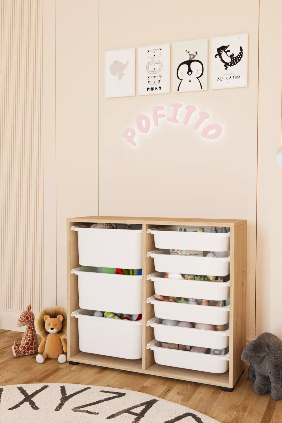 Armoire à jouets 3 profondurs 9 paniers, meuble polyvalent pour cuisine, cellier et salle de bain