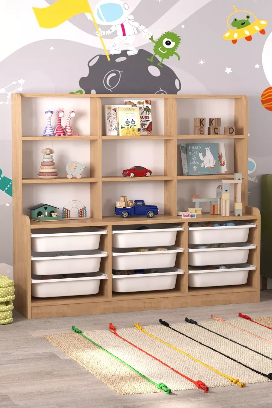 Armoire à 9 étagères et 9 paniers, armoire polyvalente, armoire à jouets Almina Chêne Saphir